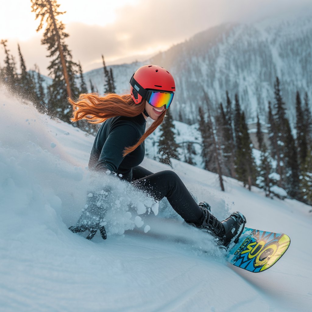 אישה ברגע של גלישת סנובורד בנוף הרים מושלגים
